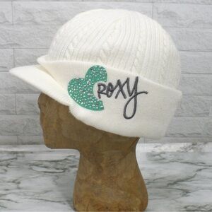 ROXY Cable Knit Beanie Hat Cap with Brim White Ivory Cream Winter Vintage Y2K